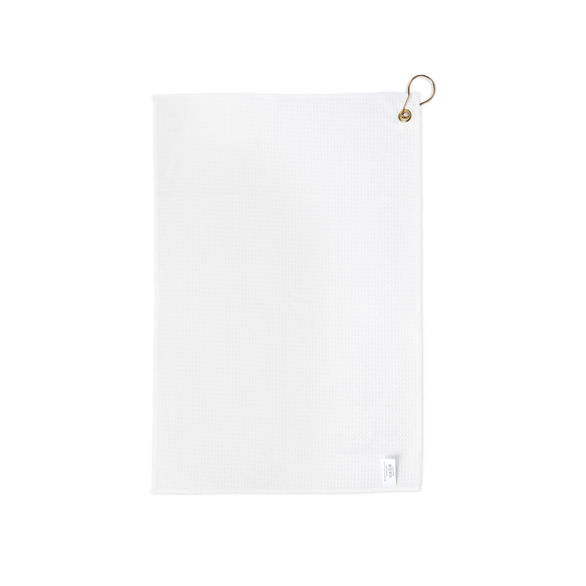 White Golf Towel with Minimal Golf Ball Design — Lightweight Waffle Golf Towel with Hook